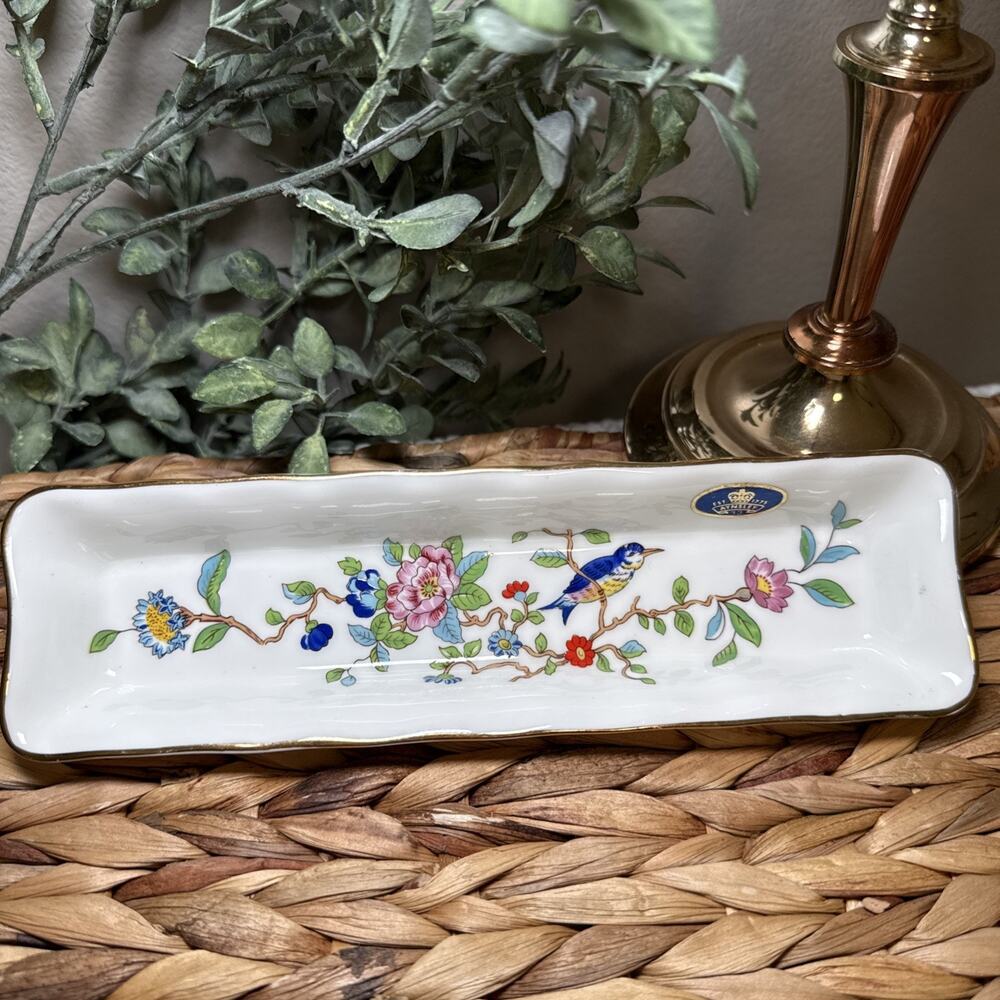 Aynsley Pembroke Bone China Trinket Dish Bird Floral Pin Vanity Tray England Vtg